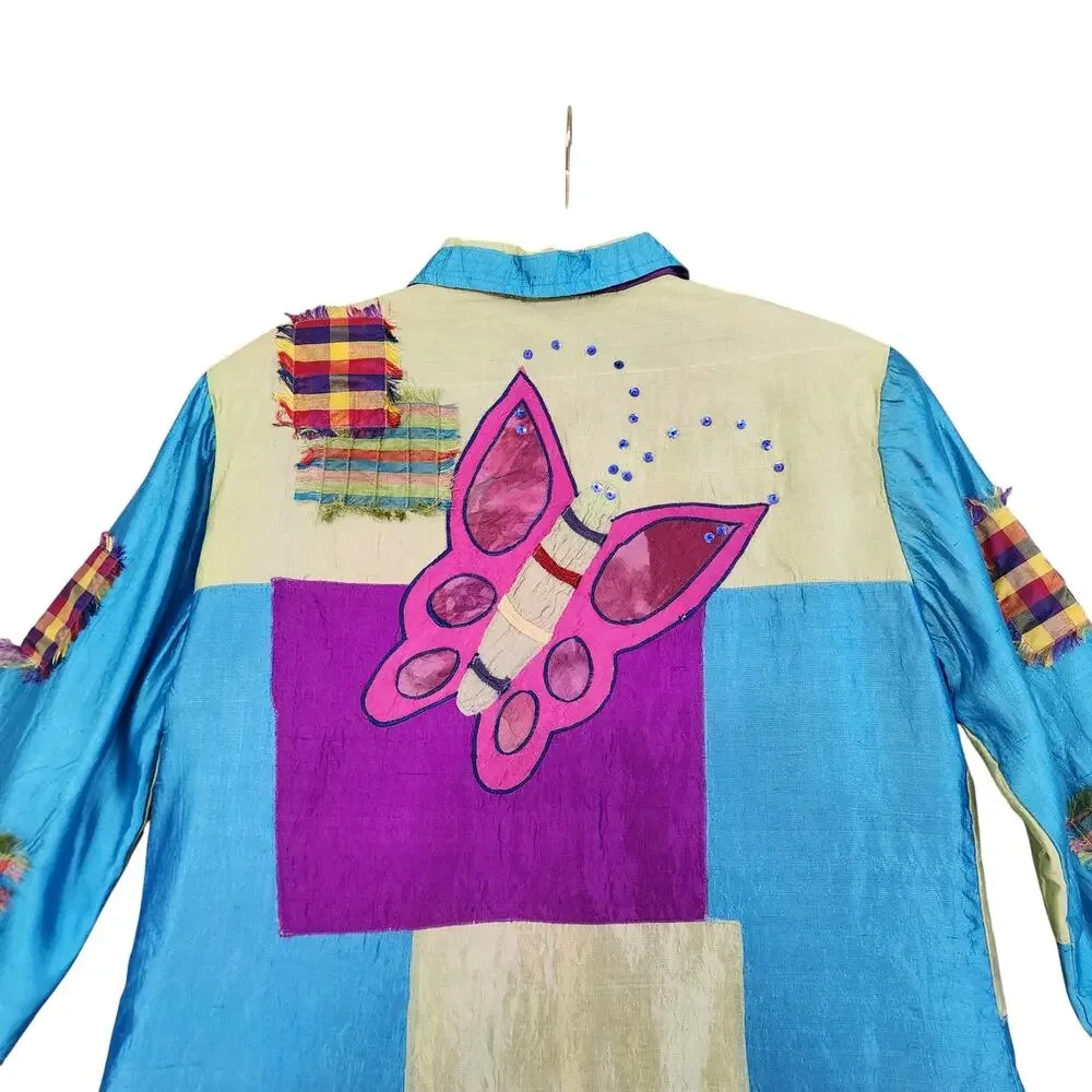 Minnie's‎ Closet Womens Vintage Silk Patchwork Jacket Medium Colorful Butterfly